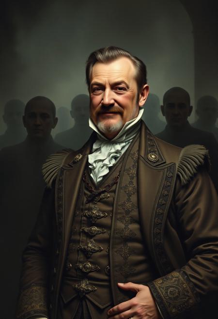 A traditional portrait painting in the style of John Singer Sargent or Francis Bacon. In the foreground, depict a wealthy, egotistical man in Victorian-era clothing, with a self-satisfied smirk. He should resemble an industrialist or factory owner, symbolizing greed and arrogance. His clothing is ornate and extravagant, emphasizing his wealth. He stands in a commanding pose, exuding an air of superiority. He surrounded by unearned wealth and oppulance.
In the background, faintly visible through a ghostly mist, are the shadowy, spectral figures of workers—men and women. They are ghostly apparitions oh a ghostly mist, are the shadowy, spectral figures of worf the laborers who have died building his fortune. These figures are haunting but subdued, as if emerging from the shadows, watching him silently. 
The overall tone of the painting should feel dark, gothic, and unsettling, with muted, cold colors like deep greens, grays, and blacks dominating the palette. It should feel haunted by death and unsettling.