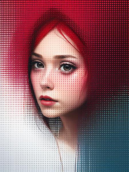 windows,reflection, glass, looking at viewer, upper body, lips,((polka dot),halftone, halftone background), multicolored background, colorful, too many, (girl,red hair), abstract, rainbow order,realistic,  <lora:polka dot:0.95>