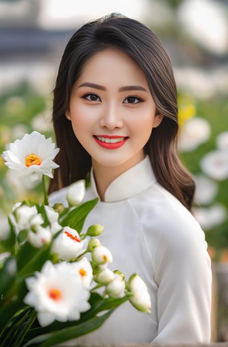 (Masterpiece, best quality, ultra realistic,32k, RAW photo, detail skin, 8k uhd, dslr, high quality, film grain:1.5),1girl, white ao dai, pants,  long hair, looking at viewer, smile, black hair, long sleeves, dress, holding, jewelry, standing, flower, earrings, outdoors, white dress, blurry, black eyes, blurry background, realistic, holding flower, photo background