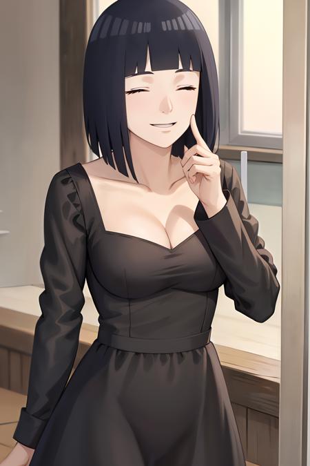 masterpiece, absurdres, hinata\(boruto\), solo, 1girl,medium breasts,  black dress, cleavage,  closed eyes, smile, laughing, hand to own mouth