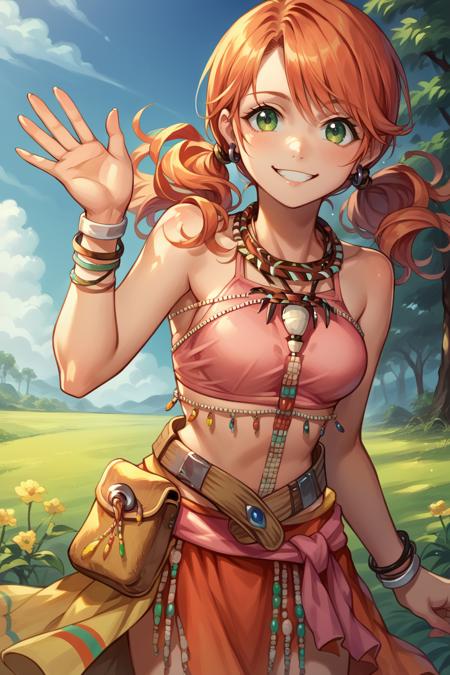 vanille, twintails, green eyes tribal jewelry, necklace, bracelet, beads, pink crop top, belt, sarong, clothes around waist, fur-trimmed boots