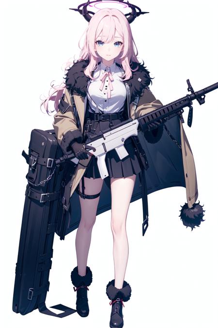 (masterpiece:1.2),best quality,PIXIV,blue archive,
1girl,aru (blue archive),solo,weapon,gun,horns,skirt,halo,gloves,long hair,rifle,sniper rifle,shirt,white gloves,black skirt,holding,white background,pink hair,white shirt,ribbon,simple background,fur trim,neck ribbon,holding weapon,full body,looking at viewer,red ribbon,holding gun,coat,bangs,long sleeves,black footwear,shaded face,collared shirt,breasts,fur-trimmed coat,brown coat,
<lora:blue archive-000018:0.8>,