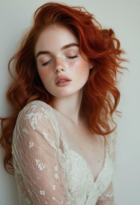 The image is a high-resolution, highly detailed photograph featuring a slender, fair-skinned woman with striking, vibrant red hair styled in a voluminous, windswept manner. Her hair cascades down her back and over her shoulders, with a few strands falling over her face, which she gently touches with her delicate, long-fingered hands. Her skin is adorned with a scattering of freckles, particularly pronounced across her cheeks and nose.
She wears a sheer, beige lace dress adorned with a subtle, intricate floral pattern and small, glossy red buttons that catch the light.rockabilly style, 1girl, solo, realistic, closed eyes, see-through, freckles, dress, white dress, jewelry, parted lips, 1950's