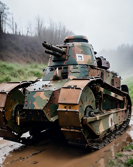 RAW photo, a rft17 tank with camouflage and military insignia and serial number is advancing on a muddy field under heavy rain, zoomed out, war photography, smoke, craters, ruins, cinematic, lens flare, mud projection, 8k uhd, dslr, soft lighting, high quality, film grain, Fujifilm XT3, ultra realistic, metallic, reflection, <lora:rft17_v1:0.8>