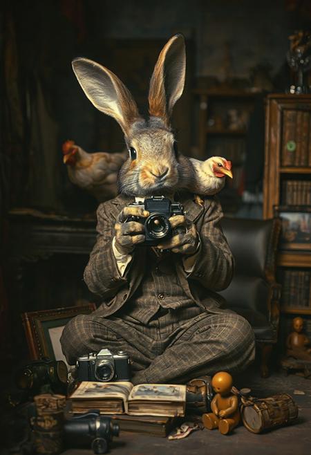 By Saul Leiter. an anthropomorphic evil rabbit in a ragged suit sat in a dark, shabby tailor's shop pointing a vintage Hasselblad camera at the viewer. On his shoulder is a chicken. The rabbit's fur is matted and rough. Its eyes are scary. The rabbit, chicken and the camera are all pointing forward to the viewer. On the floor are vintage cameras, books, picture frames and children's wooden toys.