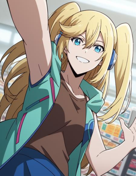 connie christensen, long hair, blue eyes, blonde hair, twintails, two side up, hair between eyes, sidelocks, medium breasts, shirt, brown shirt, jacket, green jacket, sleeveless, skirt, blue skirt