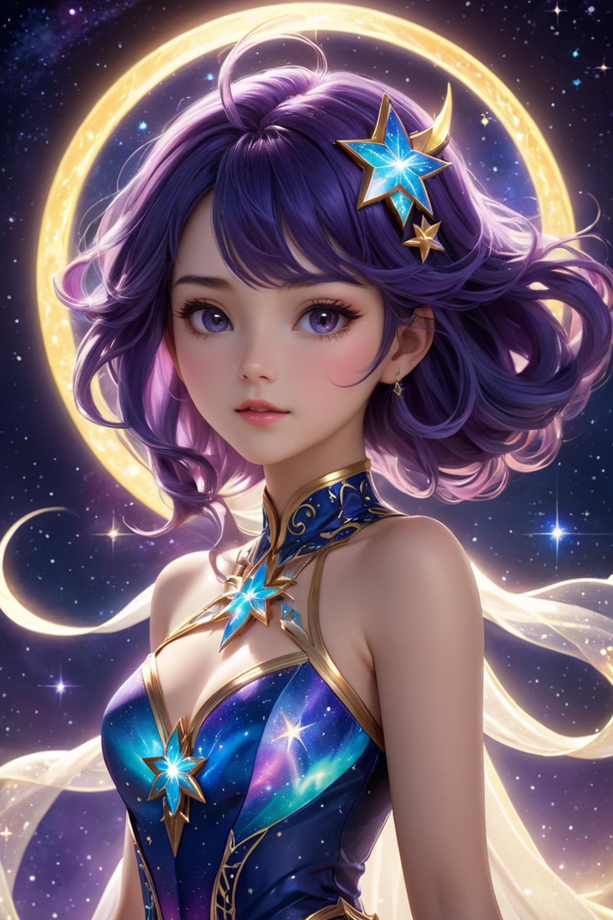 Anime girl with purple hair and a blue dress with a white star on her head.