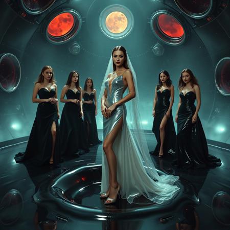 high-society elegant slender norvegian  rich   innocent young bride wearing   glossy silver high heels and glossy transparent slime  high slit wedding gown with matching long veil. She posing  in center of the floor hole, filled with glossy black slime, surrounded by arrogant ladies wearing glamour glossy black evening gowns and glossy high heels, leading her toward  weird glossy red foil breeding  bed, eerie fog that wafts up from the fleshy jelly floor, encased in light beam from the chamber celling, awaiting her alien master, strugging to break free and escape, transparent crystal walls,  colossus observation portholes to outer space full of stars, bright red moon, vintage-inspired makeup, long hairs, ultra thin waist, evil grin, porcelain skin, lipstick, red nails, in the style of a haunting, retro-futuristic 1950s sci-fi nightmare, horror, alien space base,