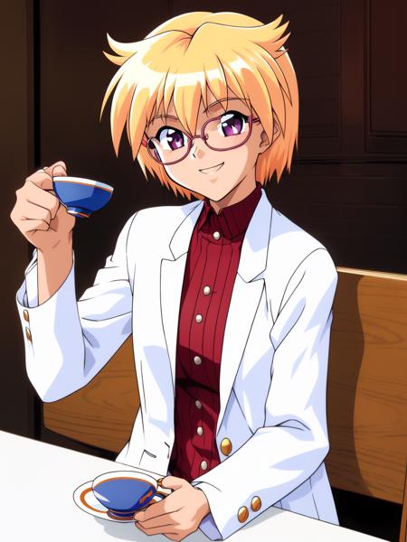 <lora:Ijuin_Mei:1>IjuinMei, 1girl, glasses, solo, blonde hair, labcoat, short hair, cup, teacup, chair, smile,
masterpiece, high quality, very_high_resolution, large_filesize, full color,