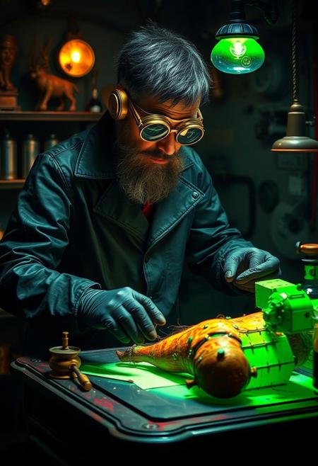 A mad scientist in his lair, wearing black rubber overcoal, galoshes, thick rubber gloves, and brass goggles, works on frankenstein's monster on a table, rainbow monster, steampunk, cyberpunk, hyper maximalism