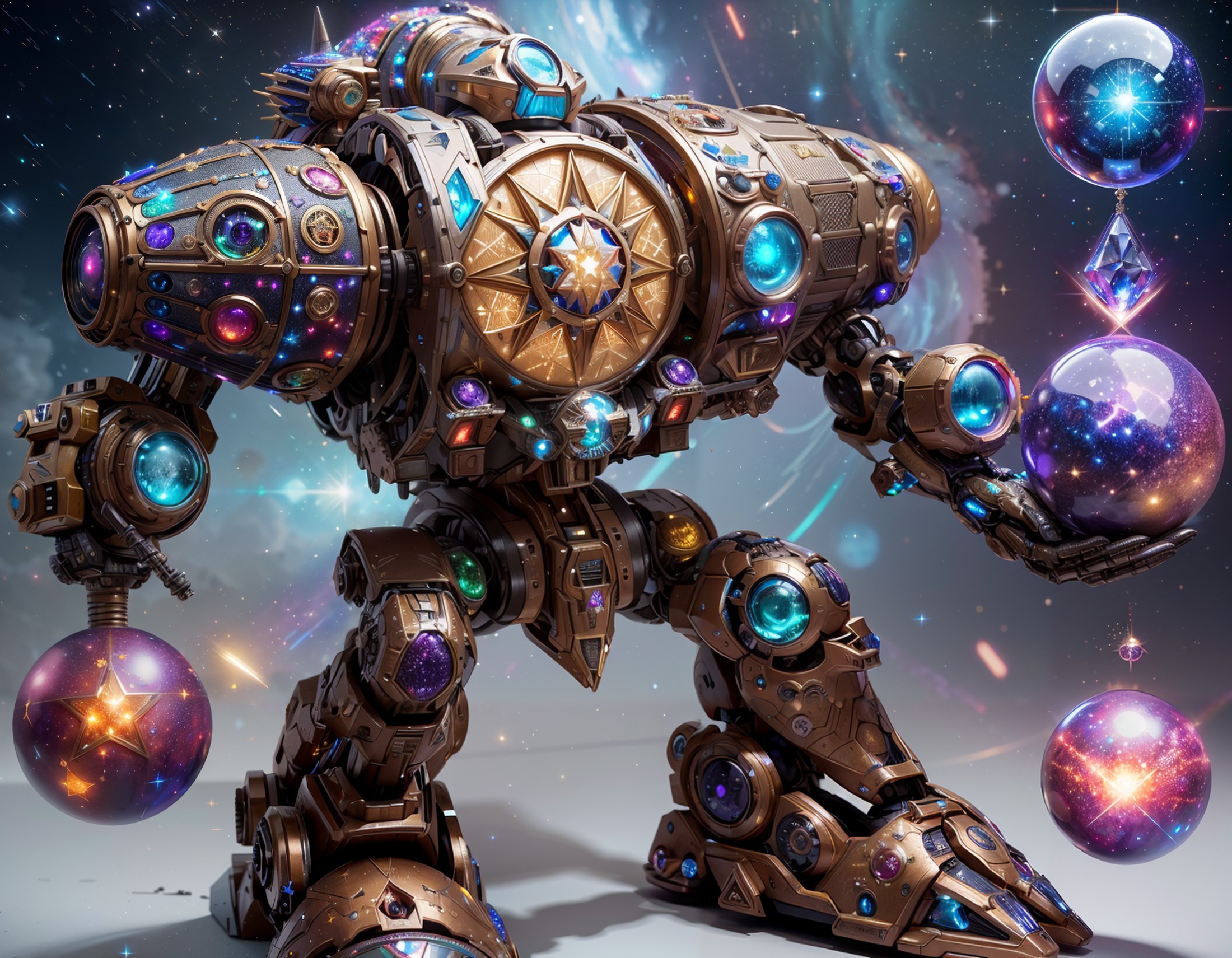 (WizardCoreAI) { battle mech, magic orbs, star pattern }, sparkly, vibrant colors, 
(amazing, Ultra Realistic, trending on...