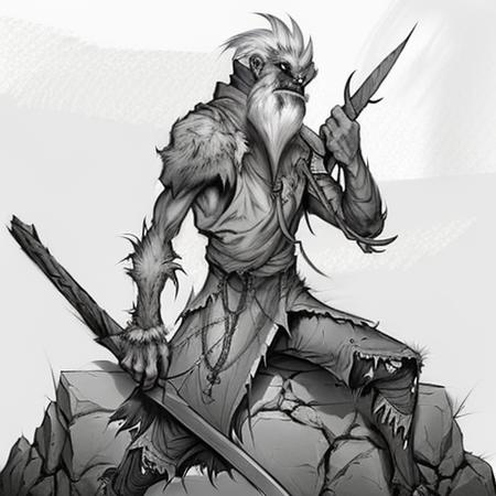 Evang, A rugged and grizzled leader of a troll army siting on a cracked stone throne surrounded by his minions holding a battle ax and standing on skull as a foot rest, spiked armor shoulder guards and a animal pelts coat, Extremely detailed concept art oil painting by Artgerm and Greg Rutkowski, Krenz Cushart Artstation style Artstation