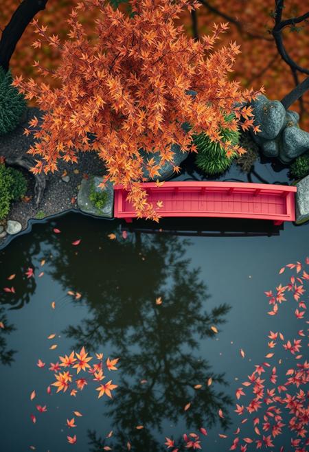 Pond in a Japanese garden, top-down view of a pound, maple tree, maple leaves, floating leaves, water ripple effect, Red wooden bridge, 
beautiful view, depth of field, masterpiece, best quality, 8k, ultra-detailed, very aesthetic, superb composition, finest details, intricate details, absurdres, high contrast, ray tracing, Volumetric lighting