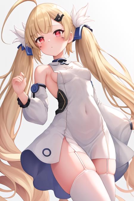 masterpiece, best quality, highres, solo, {eldridge_azurlane:1.10}, blonde_hair, hair_ornament, ahoge, long_hair, bangs, blush, red_eyes, twintails, very_long_hair, facial_mark, hairclip, breasts, small_breasts, 1girl, detached_sleeves, dress, thighhighs, bare_shoulders, looking_at_viewer, white_thighhighs, long_sleeves, white_dress, simple_background, sleeveless, sleeveless_dress, puffy_long_sleeves, puffy_sleeves, white_background