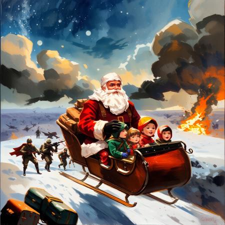 Santa Claus on his sleigh delivers children away from the war-torn country.
In the background, there are soldiers fighting. The sky is filled with smoke and flames. Santa Claus is a beacon of hope in the midst of all the chaos. He is a reminder that even in the darkest of times, there is still room for joy and hope.
oil painting
