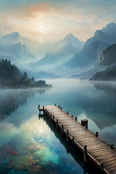 by Ramses Younan, somber, A misty lake surrounded by mountains with a wooden pier, Claude Monet, Abstract, (resourceful, space western:1.2), Fantasy Art, ethereal fantasy concept art, magnificent, celestial, ethereal, painterly, epic, majestic, magical, fantasy art, cover art, dreamy, (masterpiece, intricate details:1.2) <lora:XL-Loras\xl_more_art-full_v1:0.5><lora:XL-Loras\add-detail-xl:1.0><lora:XL-Loras\NicolaSamori:0.5><lora:XL-Loras\looking_at_viewer:2><lora:XL-Loras\RMSDXL_Creative:3>