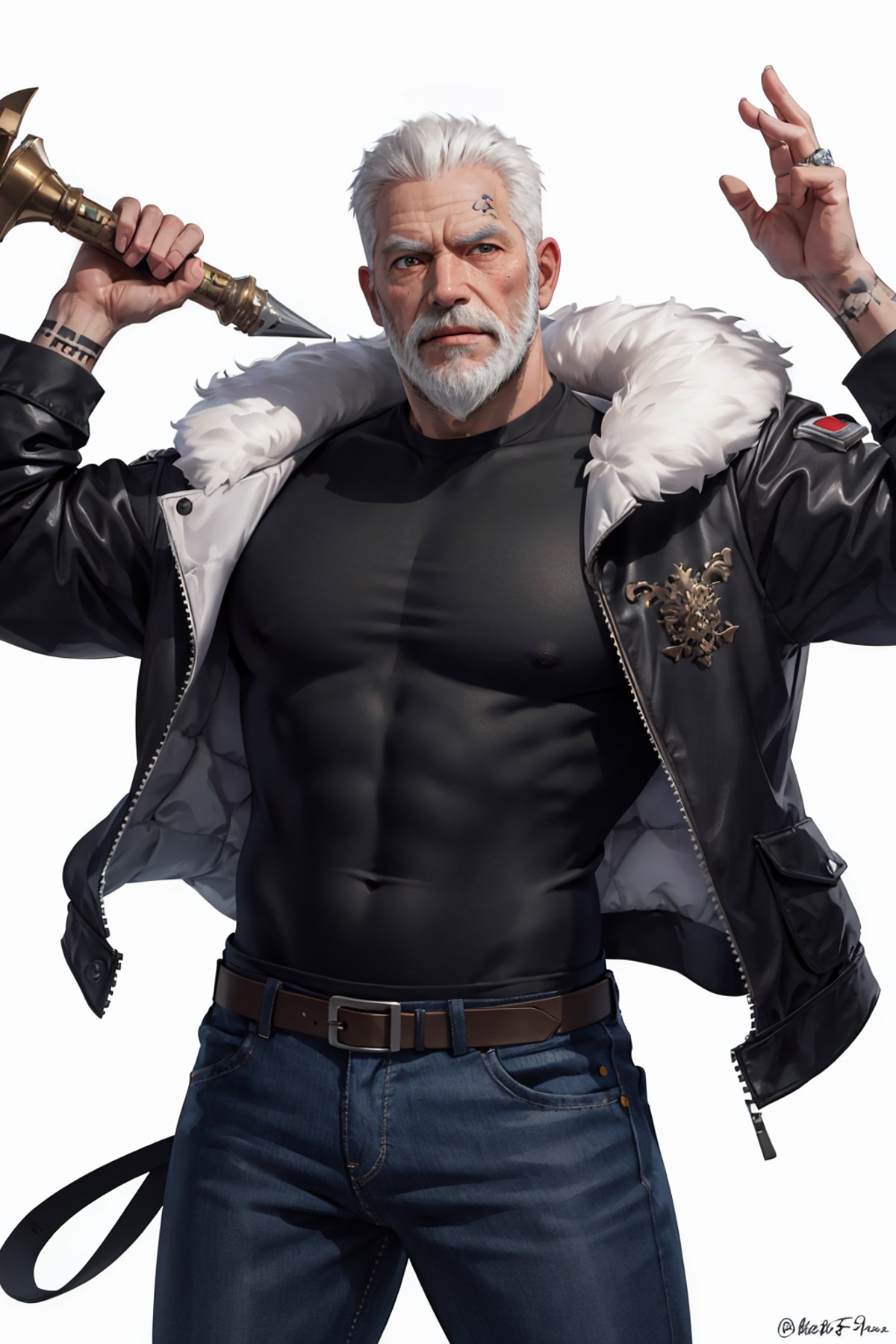 (masterpiece:1.2, best quality), (old man:1.2), , solo, white background, balck eyes, (white Beard:1.2), Fur clothes, musc...