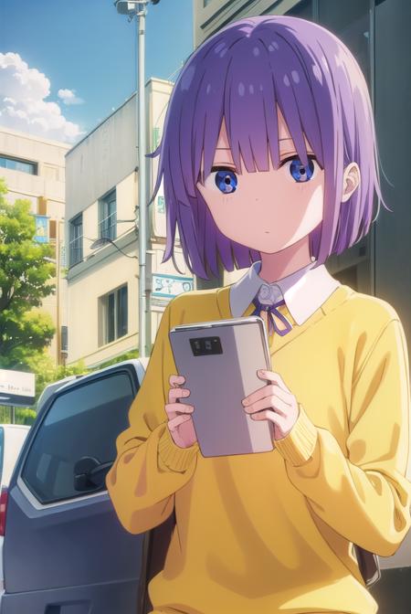 shouta magatsuchi, short hair, (purple eyes:1.1), purple hair, shirt, collared shirt, sweater, yellow sweater,