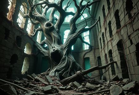 A crumbling, abandoned building overtaken by dread, its cracked stone blocks split by gnarled vines from a grotesque tree blight at its heart. The ancient, dead tree looms, its splintered limbs clawing through shattered walls, oozing dark sap from fissured bark. Hollow knots gape like tormented mouths. Victims’ remnants—tattered cloth, bones, hair—snare in its branches and roots, swaying in a stale, cold draft. Crimson-stained vines pulse through the rubble, threading the broken stone. Shadowy blights lurk amid the ruins, silently allied, while a fallen treant’s wreckage splinters in a corner, torn by their fury. Sickly green light seeps through gaping holes, casting eerie shadows. The air hangs heavy, creaking with shifting vines and a low, guttural groan. Hyper-detailed, cinematic, drenched in unease.