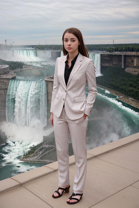 <lora:emily18_obj20:0.5>, full_body, standing, sandals, (suit), pants, (niagara falls), (emily18: 1.2), perfect face, (contact iris: 1.1), pale skin, skin pores , depth of field