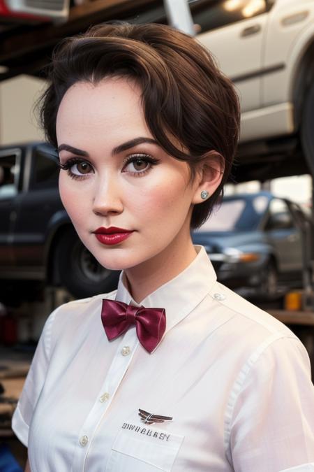 photo of a woman, sydneywatson:0.99,((short hair):1.1) ((bowtie, white shirt):1.2), ((closeup, portrait)),((garage, tools, workbench):1.2),((red lipstick, eyeliner, eye shadow, blush)), ((best quality, masterpiece, extreme details, high resolution):1.2),((detailed eyes, beautiful eyes, detailed face, beautiful face):1.2)