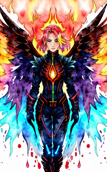 ((Bleeding watercolor)),female fire elemental, slender woman, ember glowing eyes, flame hair with white highlights, fire seraph, flame wings, lava armor, fully clothed, subsurface scattering, ((bright neon colors)), ink bleeding, water color effect <lora:flat_color:1> flat color,