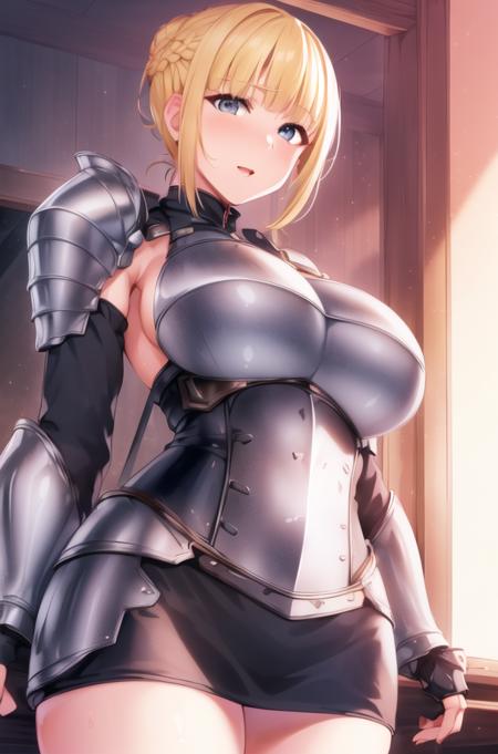 (day:1.7),in summer,in the cyberpunk city,modern apartment, in the BEDroom,
Standing at attention, Sitting on tatami,
shirt,tie,corset,skirt,long sleeves,Armor,shoulder armor, armored dress, armored boots, 
 <lora:Tatiana_Kalinina_Isekai_Harem-KK77-V1:0.7>,
bangs, blonde hair, blunt bangs,Blue_eyes,(Hair_bun:1.3),(short hair:1.5), braid, 
1 girl, 20yo,mature female,Beautiful Finger,Beautiful long legs,Beautiful body,Beautiful Nose,Beautiful character design, perfect eyes, perfect face,
looking at viewer, in the center of the image,
NSFW,official art,extremely detailed CG unity 8k wallpaper, perfect lighting,Colorful, Bright_Front_face_Lighting,
(masterpiece:1.0),(best_quality:1.0), ultra high res,4K,ultra-detailed,
photography, 8K, HDR, highres, absurdres:1.2, Kodak portra 400, film grain, blurry background, bokeh:1.2, lens flare, (vibrant_color:1.2)
(Beautiful,Large_Breasts:1.6), (beautiful_face:1.5),(narrow_waist),