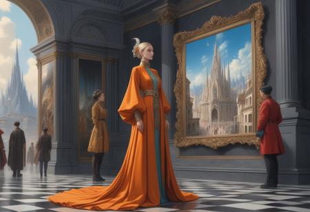 In a time-bending city corner where history meets the future, fashionably clad figures seamlessly blend with fantastical elements amidst a surreal spatial distortion. The scene captures an otherworldly vibrancy, drawing viewers into a mesmerizing composition that exudes both elegance and a hint of the unknown. This is a painting that effortlessly balances realism with a touch of the mystical, creating a visually stunning and captivating work of art.