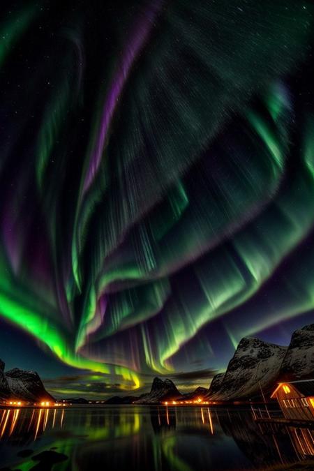Stunning Aurora Borealis over Lofoten Islands Coastline