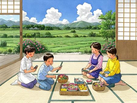 HEZI, children's illustration, childhood scenes, childlike innocence, retro illustration, shirt, multiple girls, shorts, striped, socks, 2girls, apron, short sleeves, skirt, standing, barefoot, rock, family, holding, 2boys, multiple boys, tray, ponytail, blue shorts, outdoors, day, child, sky, collared shirt, mother and son, smile, white shirt, food, no shoes, sliding doors, brown hair, kneeling, striped shirt, flower, sitting, holding tray, black skirt, blue sky, tree, tatami, blue skirt, dog, closed mouth, plant, animal, looking at another, plaid, pocket, plate, purple flower, long hair, open mouth, cloud, cat, leaf, pink shirt, closed eyes, siblings, indoors, purple shirt, short hair, looking down, white apron, wariza, blue shirt, bangs, pointing, architecture, mother and daughter, traditional media, striped socks, pink flower, plaid shirt, seiza, full body, bowl, kneehighs, male child, east asian architecture, blush, shirt tucked in, house, blush stickers, black eyes, low ponytail, purple shorts, ankle socks, fish, wing collar, stone lantern, waist apron, father and daughter, black hair, sisters, cloudy sky, t-shirt, wall, hair ornament, basket, signature, fruit, leaning forward, shouji, painting \(medium\), grass, white socks, female child, building, bush, mountainous horizon, shadow, mountain, wide shot, husband and wife, hand up, side ponytail, brown shorts, on floor, scrunchie, facing viewer, laundry, tongue out, father and son, stone, headpat, outstretched arm, parted bangs, carrying, arms at sides, buttons, yellow shirt, denim, holding animal, yellow shorts, hair tie, checkered clothes, petting, table, tongue, striped shorts, long sleeves, brother and sister, :d, dress shirt, looking at viewer, door<lora:å¦æå¯ä»¥ï¼è¯·ææçå¨ç«¥å¹´é-000014:0.65>