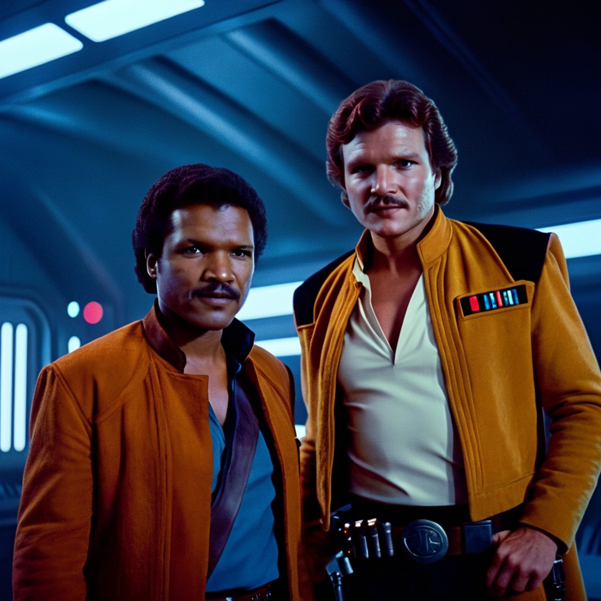 cinematic film still of  <lora:Lando Calrissian:1.2>
Lando Calrissian a man standing next to Han Solo in star wars univers...