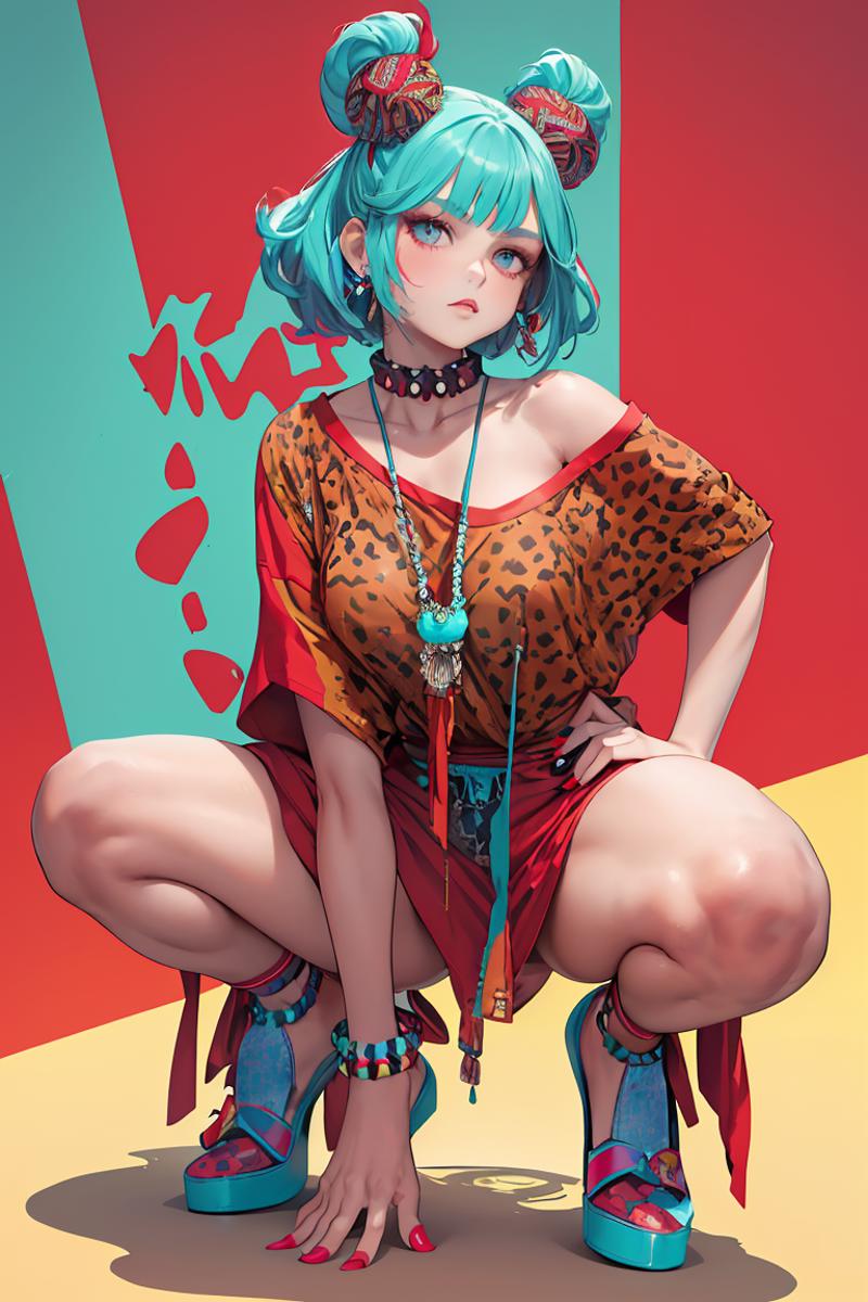 A cartoon drawing of a woman with blue hair and a leopard print shirt posing.