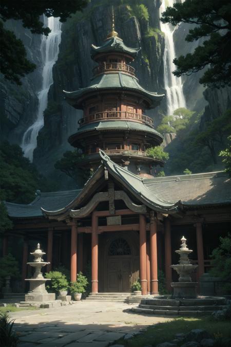 (highly detailed:1.3), 
<lora:wrench_elven_arch-04:1.0>, wrench_elven_arch, outdoors, east asian architecture, fountain, 
Ultra-detail, (highres:1.1), best quality, (masterpiece:1.3), cinematic lighting,