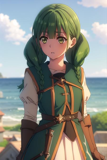 rishiaivyred, <lora:rishia ivyred s3-lora-nochekaiser:1>,
rishia ivyred, long hair, bow, (green eyes:1.3), braid, hair bow, green hair, twin braids,
BREAK gloves, dress, brown gloves, green dress, skirt, white skirt, puffy sleeves,
BREAK outdoors, forest, nature, sun, sky, trees, clouds, grass,
BREAK looking at viewer, (cowboy shot:1.5),
BREAK <lyco:GoodHands-beta2:1>, (masterpiece:1.2), best quality, high resolution, unity 8k wallpaper, (illustration:0.8), (beautiful detailed eyes:1.6), extremely detailed face, perfect lighting, extremely detailed CG, (perfect hands, perfect anatomy),