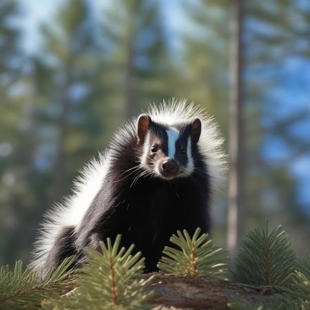 very realistic close-up photography of a skunk in the forest, background of forest of pine, fir, white spruce and white birch, maple and aspen, blue sky with cirrus and slightly hidden sun