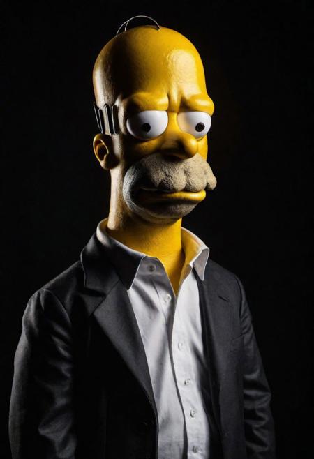 Close-up, (Homer Simpson ), grim smile, relaxed pose, portrait movie shot, serious, menacing, chiaroscuro style photo, dark background, minimalism, dramatic lighting, professional quality, dull highlights and shadows, natural and   original, laser eyes
