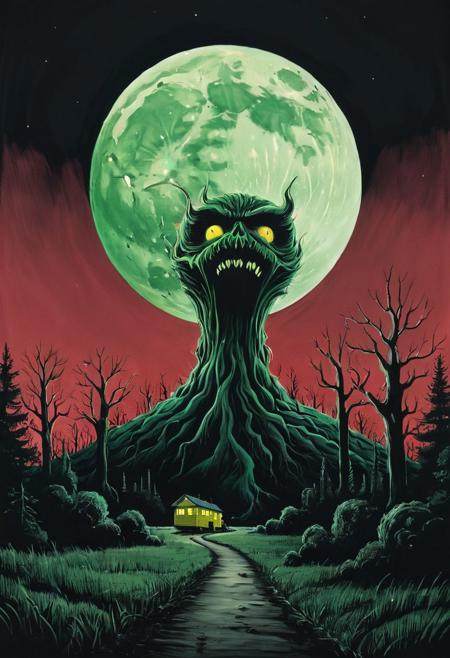 (drawix12), B-Movie Horror aesthetic, ((pantone colors)), with a pissed off expression, big moon, moon light, nightmare , stunning background. dark and moody, pale red green and Yellow, a mesmerizing blend of light and shadow. masterpiece, absurdres, intricate details <lora:drawix12:0.7>