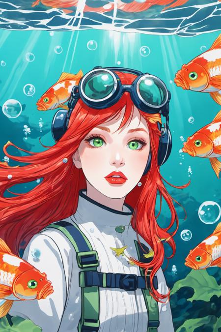 1girl, solo, long hair, looking at viewer, green eyes, red hair, parted lips, water, lips, leaf, looking up, monster girl, partially submerged, freckles, fish, underwater, air bubble,