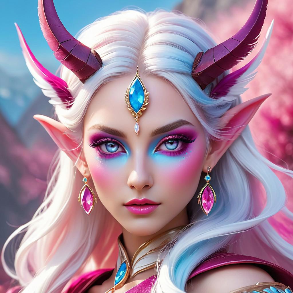 Ethereal fantasy creature in close-up, portrait-style digital artwork, almond-shaped eyes glowing vibrant pink, magenta eyeshadow, light blue to deep pink skin gradient near the cheekbones, flowing hair white at the roots transitioning to pink burgundy, white horns with delicate blue highlights, slightly turned face revealing elf-like ears, small earrings, feather-like head extension, headpiece with central gemstone, shimmering overl