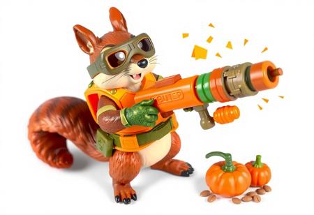 1990s-style action figure toy of an anthropomorphic squirrel dressed as a forest-themed nut defender superhero. The squirrel wears an orange utility vest, forest camo gloves, and goggles, holding a walnut-shell cannon that fires acorn projectiles and confetti nutrient bursts. Stylized accessories mini pumpkin grenades, and a belt of seeds. Bright colors, nostalgic aesthetic, detailed toy design, whimsical and heroic style, bold comic-book shading. Clean background. (No text). Birds-Eye view, Isometric angle. 4:5 aspect ratio --v 5 --style 90s --ar 4:5
