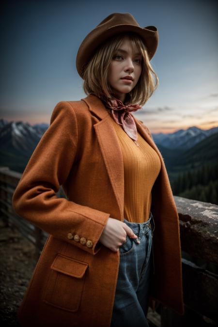 best quality,HDR,UHD,8K,Vivid Colors,solo,front view,(photo_(medium)),(looking at viewer:1.2),(1girl:1.3),(mountain:1.4),(standing:1.5),bright light,(cowboy shot:1.2),<lora:add_detail:1>,<lora:Ashley:0.74>,Ashley,sweater,coat,