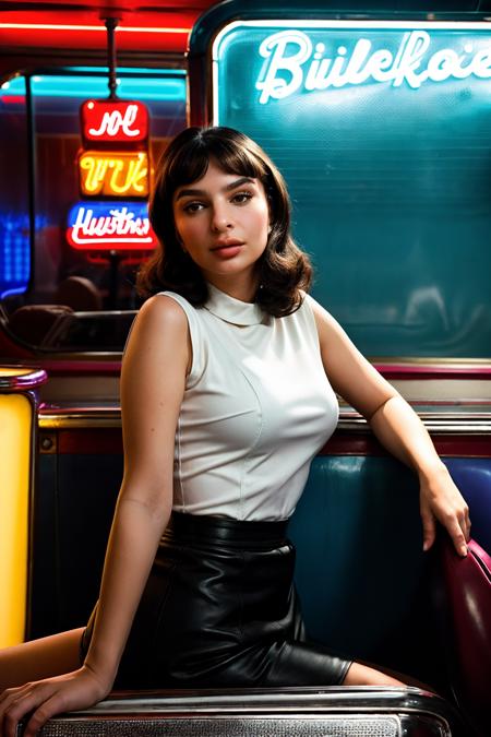 Portrait Photo of an actor in 1960s attire, leaning against a classic diner's jukebox, under vibrant and contrasting lighting, from a slightly tilted angle, embodying the mood of cool and retro <lora:more_details:0.7> <lora:EmilyRATonemoretime:1> 3mrat1o