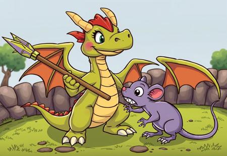 cartoon dragon holds a spear and  plays with a  cartoon rat
