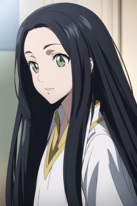 black hair green eyes long hair parted bangs