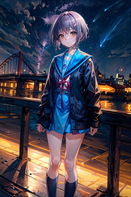 (masterpiece),(best quality), <lora:NagatoYuki:0.85>, yuki, winter uniform, cardigan, blue skirt, kneehighs, loafers, serafuku,  poker-faced, inexpressive face, standing, bridge, river, tokyo background, hanabi, east asian architecture, neon lights, night sky, milky way,  <lora:Adddetail:0.7>,