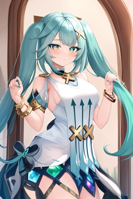 masterpiece, best quality, highres, solo, {faruzan_genshin:1.10}, long_hair, twintails, bangs, hair_ornament, aqua_hair, x_hair_ornament, breasts, jewelry, green_eyes, small_breasts, bracelet, symbol-shaped_pupils