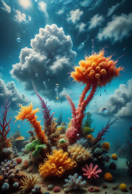 a photo, realistic, photography, masterpiese, colorful, bright and whimsical, imaginative, epic image of (((clouds))) in a waterworld made of oil. The underwater atmosphere is saturated with wibrants color and shiny bubbles of gas, Natural lighting, Aggressive plant and animal life forms., Natural light, Plant life forms.The background is blurred by Hasselblad depth of field, 100 mm, macrolens, high detail,