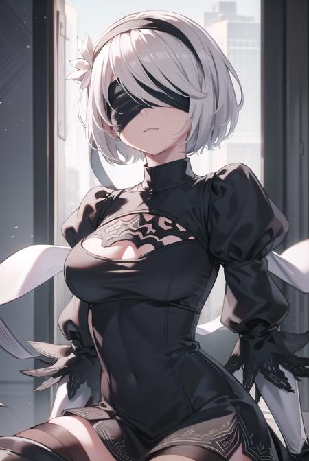 2b, (black blindfold:1.5), black hairband, blindfold, hairband, short hair, white hair, black skirt, black thighhighs, boots, cleavage cutout, clothing cutout, hairband, high heels, long sleeves, robot, side slit, skirt, thigh boots, thighhighs,