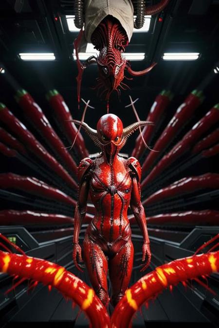 by HGHD Sheila, a very xenomorph christmas, (gift exchange 1.5), (((red liquid plasma splattered))), merry scene, gift exchange, space station interior background, mutilated humans,