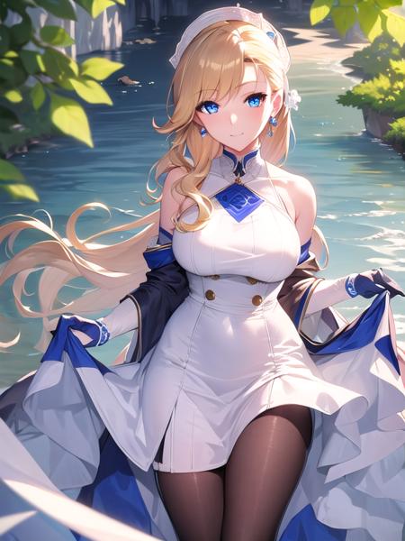 (ultra detailed),(masterpeace),(best quality), beautiful lighting,CG,(colour:1.2),outdoors, park, solo,  <lora:hood_azurlaen_V1:0.8>,
hood_(azur_lane),blonde hair,blue eyes,black pantyhose,dress,earrings,gloves ,jewelry,long hair,long skirt,shoes,union jack,blue dress,frilled_dress